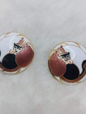 Vintage Cloisonné Cat Red and Black and White Emerald Earrings